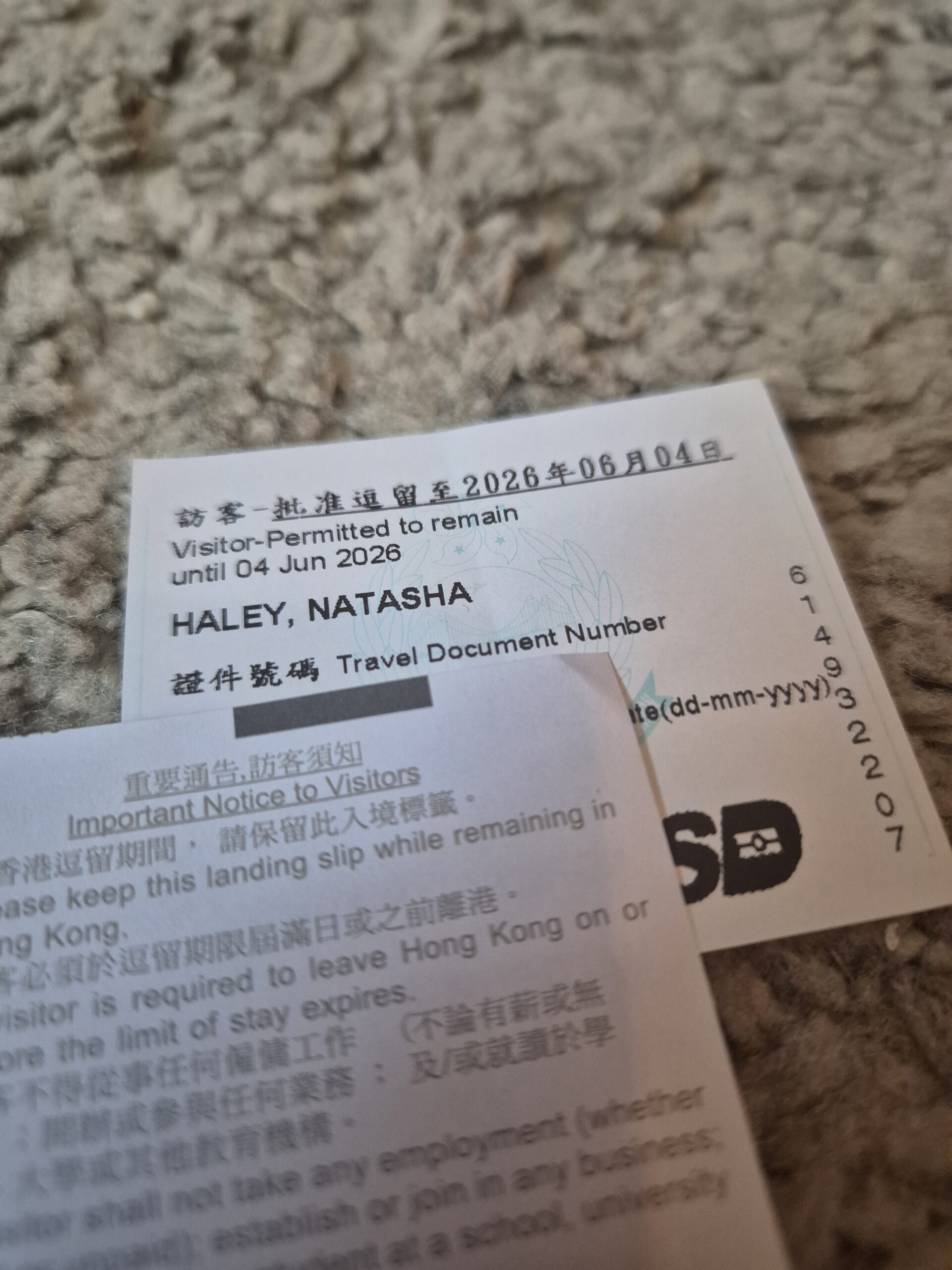 The Hong Kong landing card